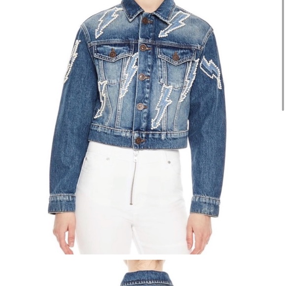 Sandro Pearl Lightning Bolt Cropped Denim Crop Jean Jacket - Picture 3 of 13